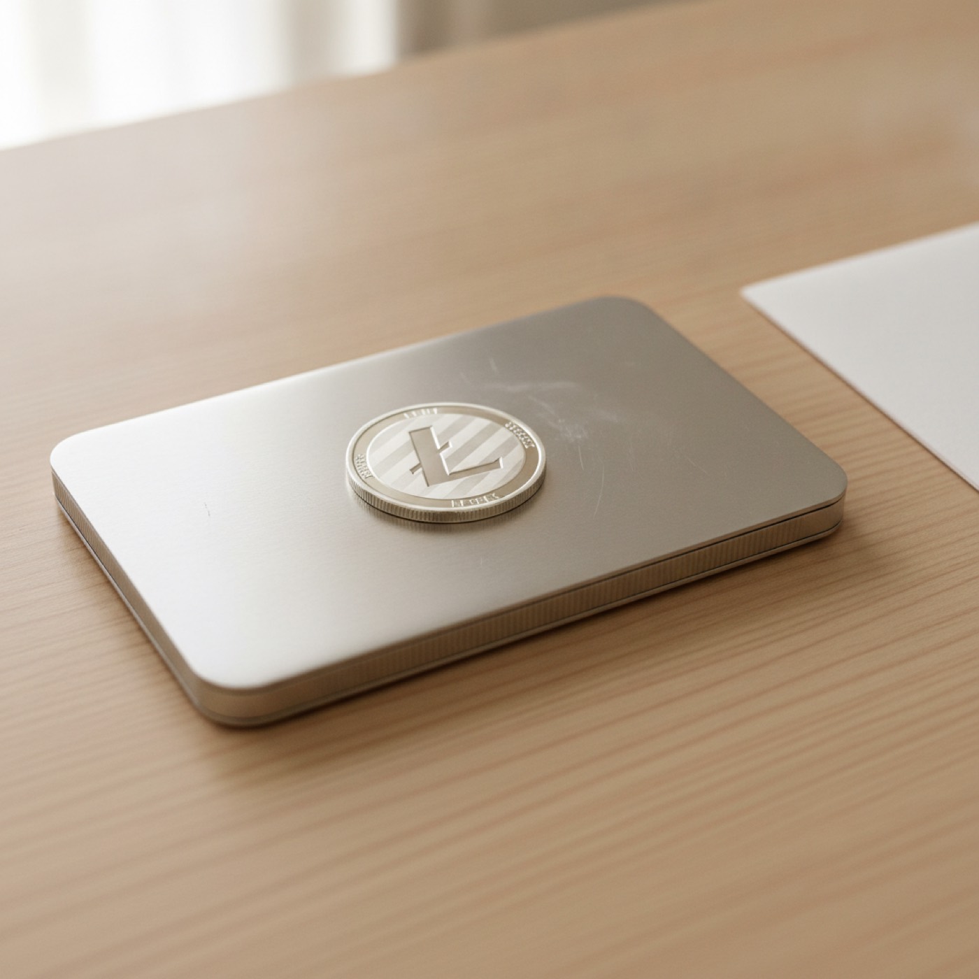Litecoin coin resting on a brushed metal seed backup plate on a wooden desk