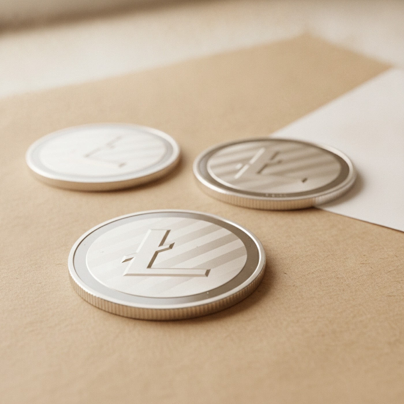 Three silver Litecoin coins arranged on kraft paper under soft light